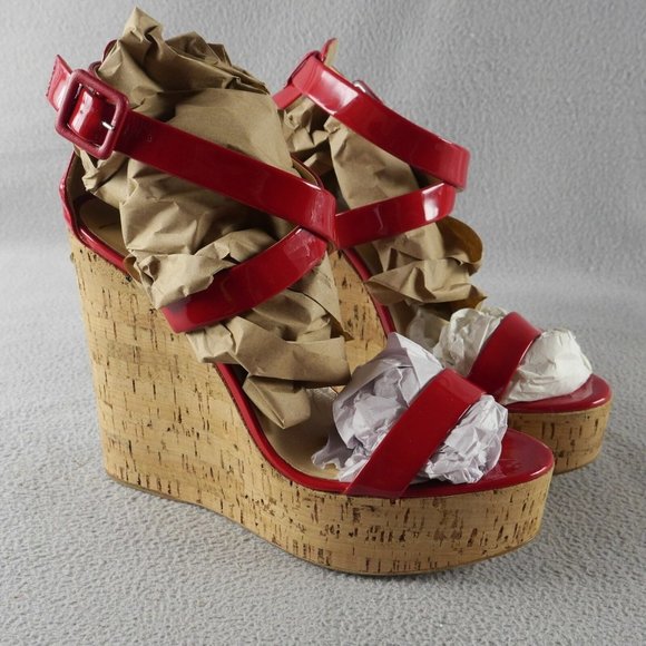 Giuseppe Zanotti Roz Cork Platform Wedge Sandal Red Patent Leather EU 40.5 S1E1 - Picture 1 of 3